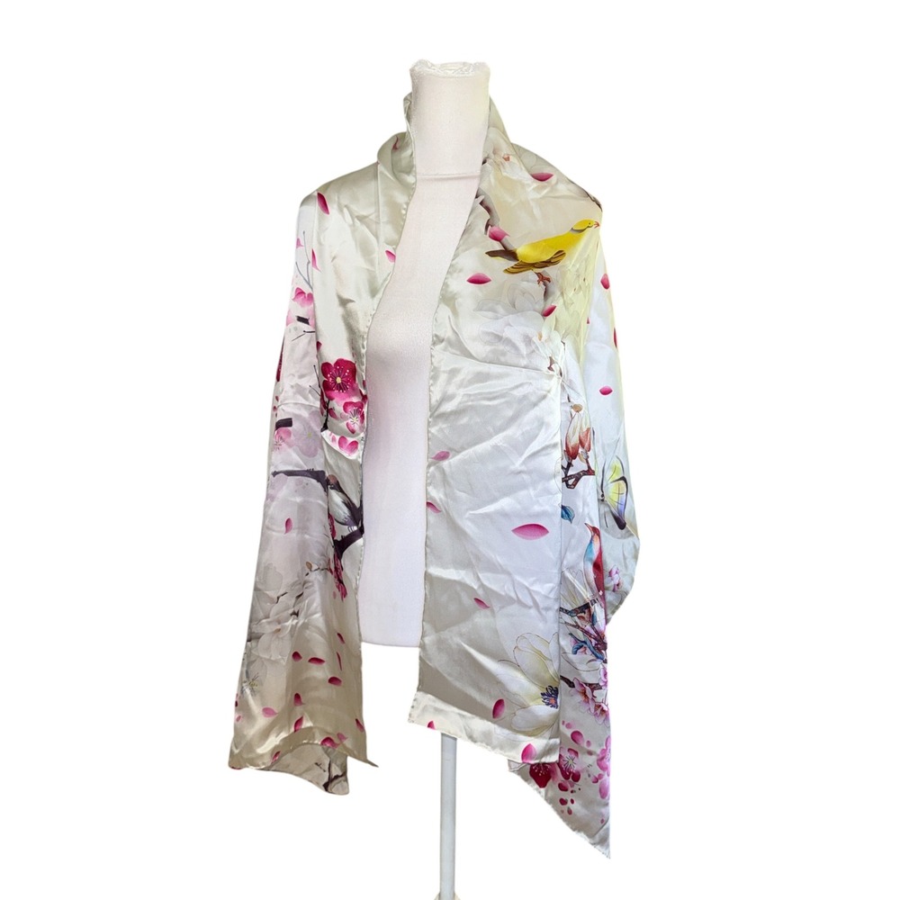 100% Mulberry Silk Scarf Cherry Blossom Bird Floral Print Pink Cream 53x172cm